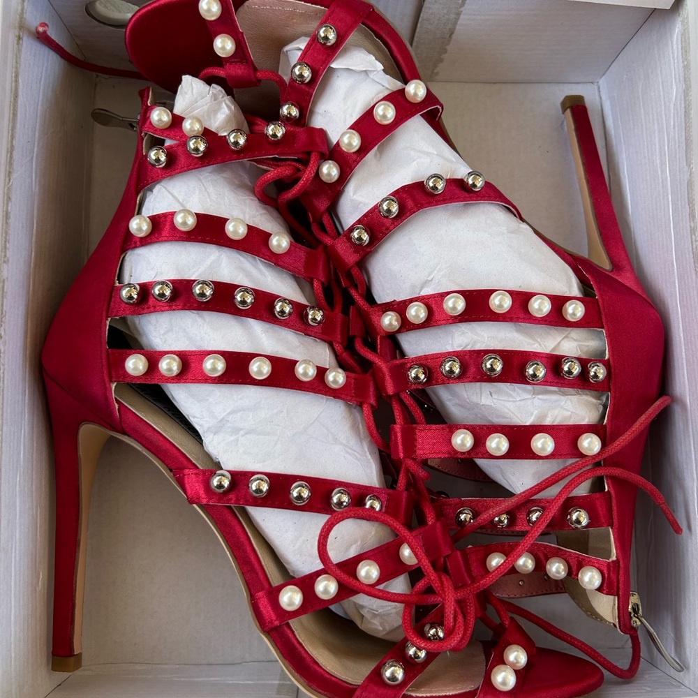 Cape Robbin Red Pearl Strappy Heels